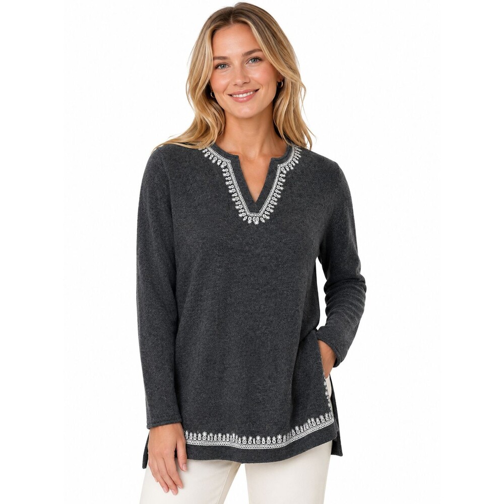 Tommy Bahama 100% Cashmere Sweater Medium V-Neck Tunic Pineapple Embroidered